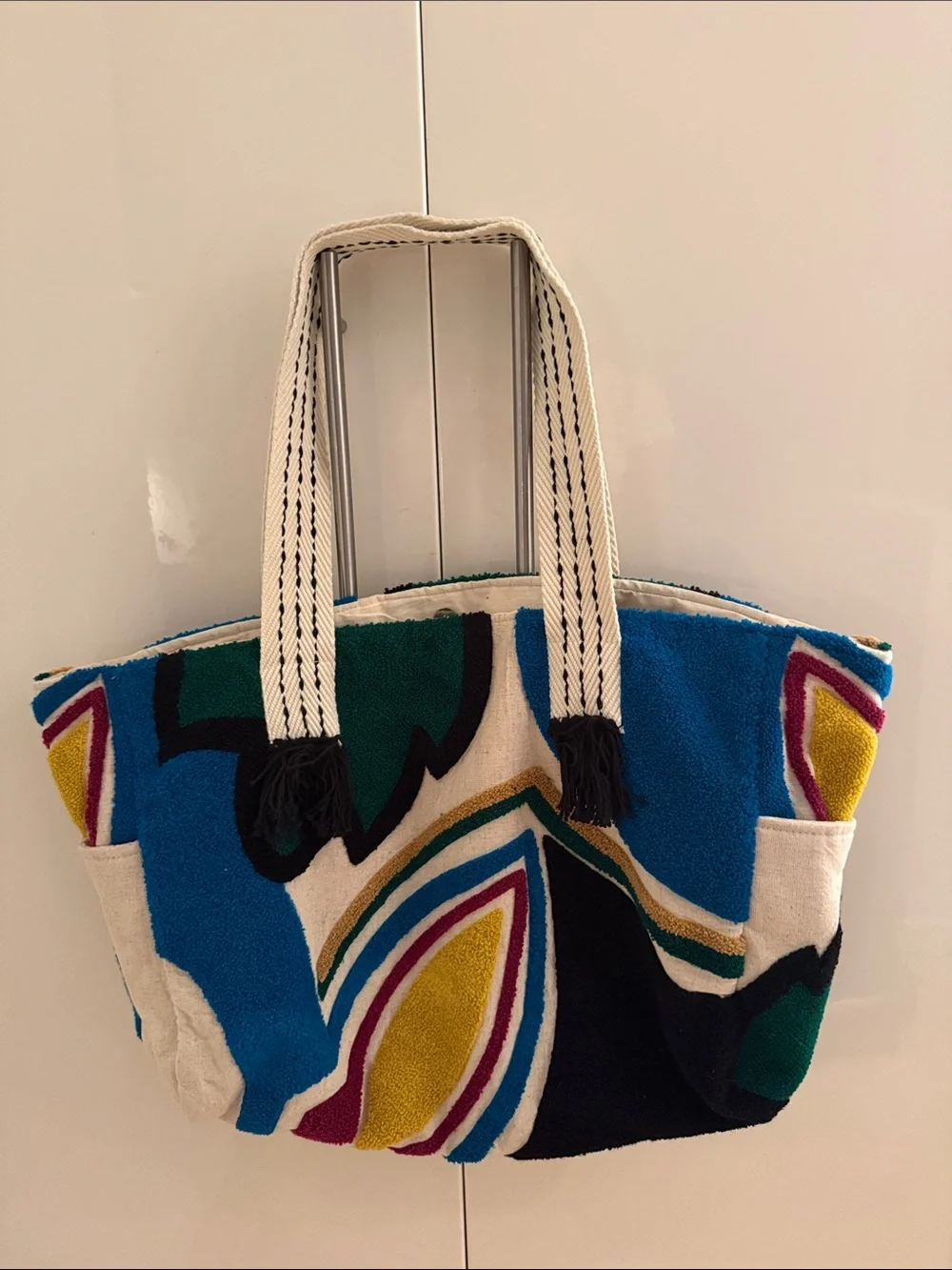 Zara Multicolor Patterned Tote with Cream Rope Handles NWOT